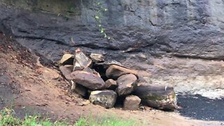 Mini waterfalls created from heavy rain and potential flooding