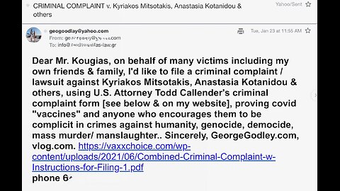 💉☠️ CRIMINAL COMPLAINT Kyriakos Mitsotakis Anastasia Kotanidou tue23jan2024 GeorgeGodley.com