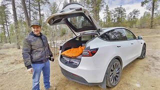 Car Camping with a Tesla Model Y Electric Vehicle in CAMP MODE