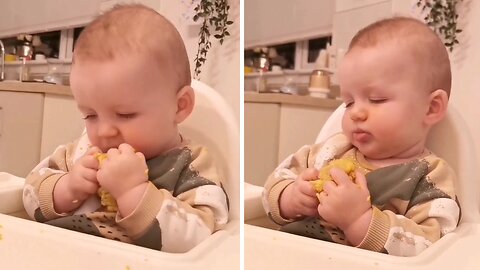 Baby Struggles To Stay Awake During Dinner Time