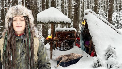 It’s almost Carpathian snowstorm Magic Snow Bushcraft trip to Camp in the Winter wild Woods alone