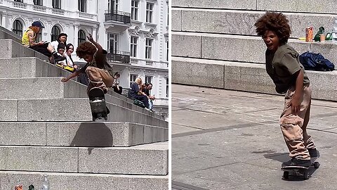 Kid pulls off impressive skateboarding trick