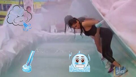Big Brother Canada show (S1E18). Cold water challenge. Woman is shivering cold ice streams of water
