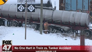 Tanker truck collides with train