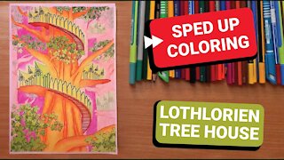⏩LOTHLÓRIEN TREE HOUSE (6) How to color with pencils. Adult coloring book design, LOTR motifs