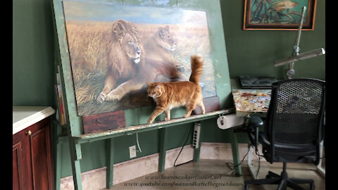Great Dane Watches Lion King Cat Walk In Front Of Lion and Lioness Painting