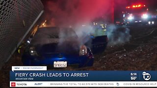 Fiery crash leads to arrest in Mountain View