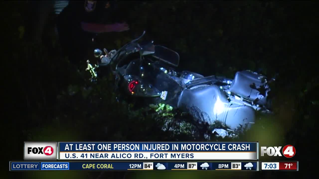 Injury reported in overnight motorcycle crash on Tamiami Trail near Alico Road