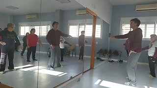 Tai chi Unidad clase completa abanico el dragón sagrado mueve la cabeza y paso cruzado