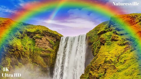 Relaxing Natural Rainbow Occurrences. Waterfall. Natural phenomenon For Relaxation And Deep Sleep