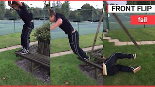 Teen tries 'parkour' but falls flat on his face as bench crumbles underneath