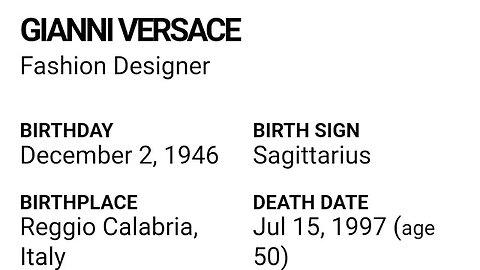 HAPPY BIRTHDAY GIANNI VERSACE DECEMBER 2 LUXURY TYCOOON FASHION DESIGNER -- A LEGEND