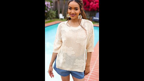 Feel Charming Oatmeal Floral Netted Crochet 3/4 Sleeve Sweater Top