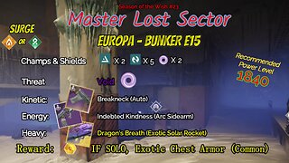 Destiny 2 Master Lost Sector: Europa - Bunker E15 on my Stasis Hunter 3-10-24