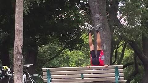 Super Strong Biker Shows Off Incredible Strength On Park Bench