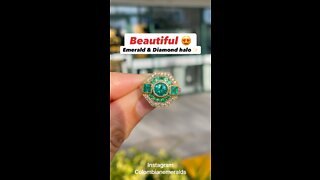 Hand made Bezel Set Round emerald and diamond halo Cluster ring in 18K yellow gold