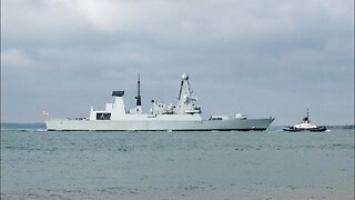 HMS Dauntless type 45 destroyer Royal navy arrival Portsmouth 15/04/2023 4k drone footage