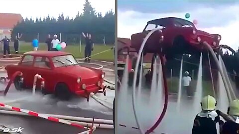 Hover car using water pressure from multiple fire hoses