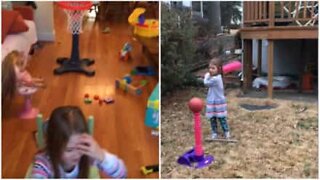 Persistent girl pulls amazing basketball tricks