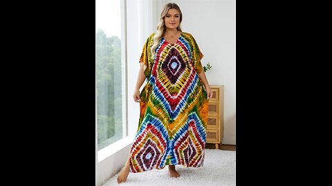 2024 Bohemian Multicolor V Neck Loose Kaftan Dress