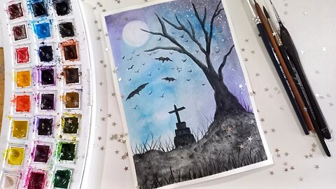 Silhueta Aquarela: Desenho Paisagem Fácil - Noite 🌙 Assombrada (Halloween 👻)