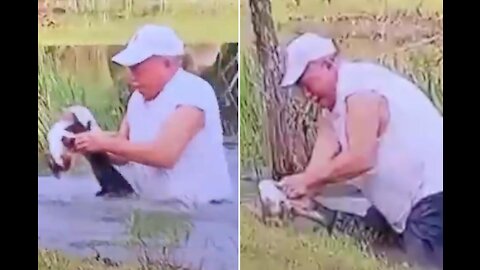 HERO! MAN LEAPS INTO LAKE AND SAVES DOG FROM ALLIGATOR'S MOUTH.