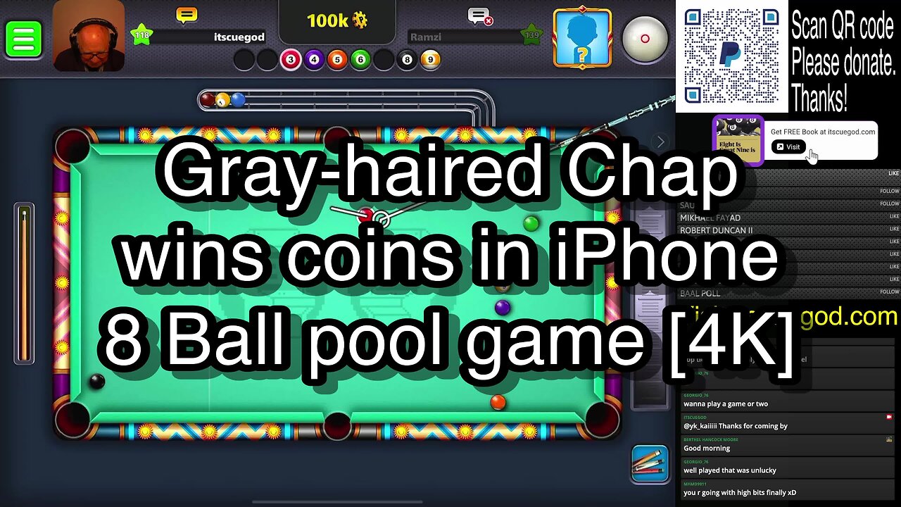 Gray-haired Chap wins coins in iPhone 8 Ball pool game [4K] 🎱🎱🎱 8 Ball  Pool 🎱🎱🎱