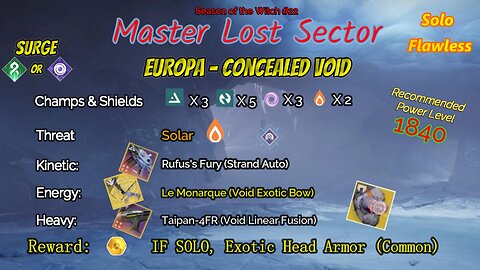 Destiny 2 Master Lost Sector: Europa - Concealed Void on my Solar Hunter Solo-Flawless 9-19-23