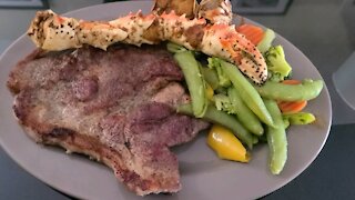 Fried Pork Steak, Stir Fry Vegetables and Tasty King Crab Legs