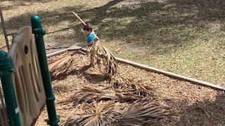Poor little boy falls while clearing playground