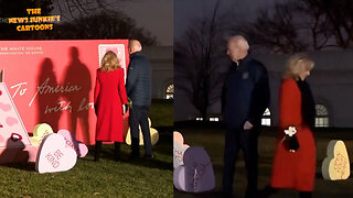 Biden shuffles around the WH: "Any comment on Russia deploying nuclear weapons into space?" Joe: "Happy Valentine's Day... wanna get a picture?.." Jill: "No — we did." Biden fakes to jog, trips, keeps shuffling.