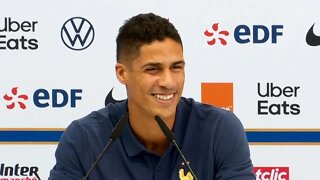 Funny moment Raphael Varane jokes after alarm goes off during France press conference