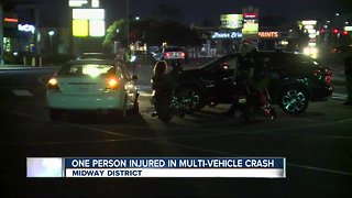 Motorcyclist breaks leg after multi-vehicle crash