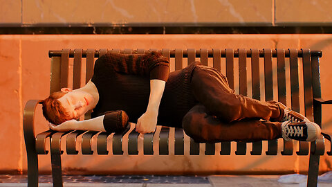 Peter Parker Sleeping On A Park Bench In Marvel's Spider-Man 2