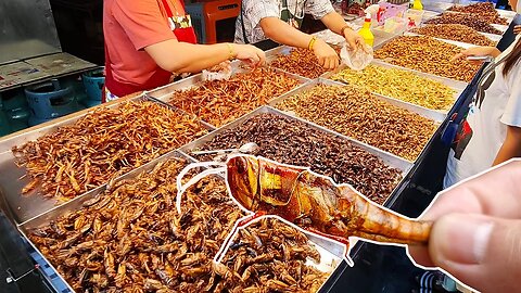 Exotic Thai Street Food Fried Insects Taste Test of the bugs, grasshopper, cricket