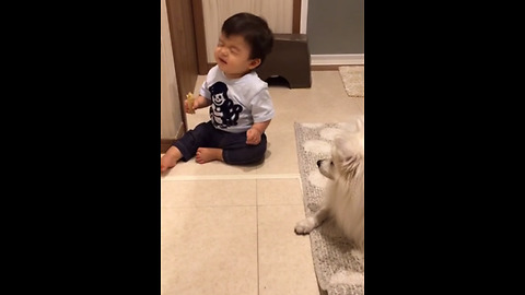 Baby smells dog's chew toy, delivers priceless reaction