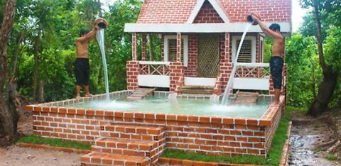 Building Amazing Pretty Brick Swimming Pool And Modern Two Story House Villa Design In Forest