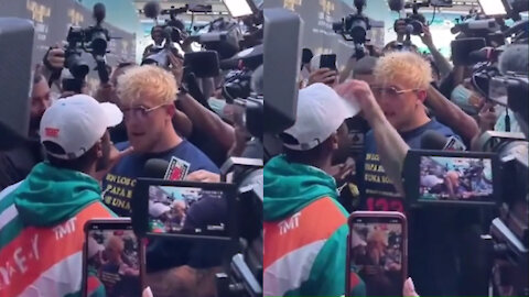 Floyd Mayweather vs. Logan Paul Fight 2021 - Jake Paul Takes Floyd Mayweather's Hat At Event