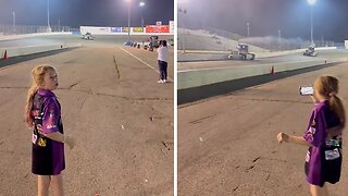 Little Girl Ecstatic to See Her Dad Win Big Rig Race