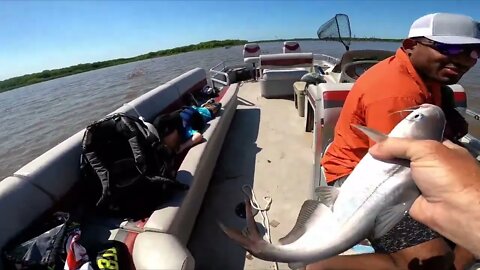Father and son catfish fishing trip, boy fishing with father, blue catfish, shallow blue catfish
