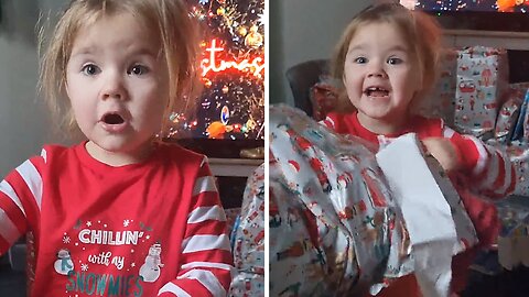 Sweet Little Girl Super Excited For Christmas Gift