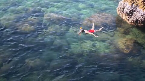 Young woman snorkeling in the blue tropical water wearing red swimsuit4