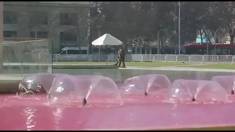 Pintura roja en la pileta frente a la Moneda, mientras "El Boris" recibe el borrador de constitución