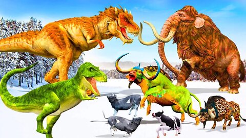 5 Zombie Dinosaurs vs 5 Zombie Mammoths Big Bulls Fight Cow Cartoon Saved By Mammoth Elephant Video