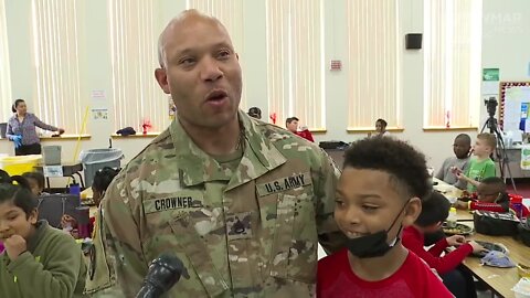 Returning military father surprises son at Severn Elementary School