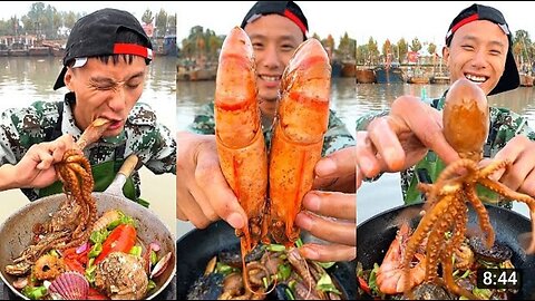 Chinese fisherman eating seafood for lunch |Chinese fisherman making amazing seafood