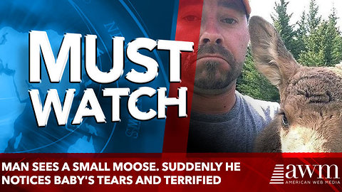 Man sees a small moose. Suddenly he notices baby's tears and terrified