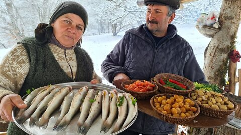 Cooking Zander Fish on a Campfire in Sadj Grill, Relaxing Video