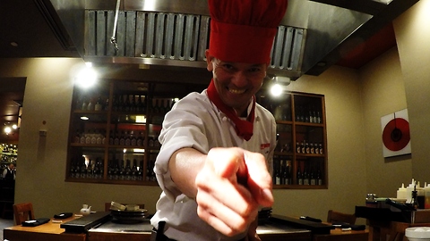 Teppanyaki master chef performs amazing tricks with eggs
