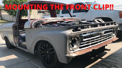 FORD F100 BODY SWAP WITH 2016 MUSTANG. MOUNTING THE FRONT CLIP